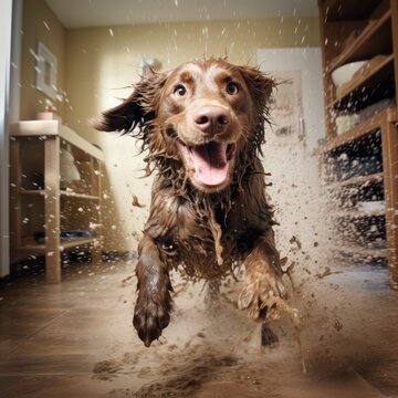 A dog shaking off mud and water in a clean room, sending water and mud flying everywhere,  Generative AI