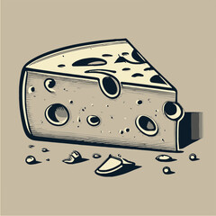 A cheese block with large holes. Block of porous Holland Maasdam cheese. A piece of Swiss dairy product. Color flat vector illustrations of fresh gourmet food isolated on a monochrome background