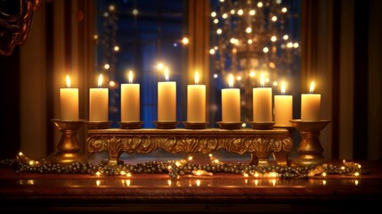 Fototapeta premium Hanukkah festive celebration concept, glow of the menorah with shining candles and star