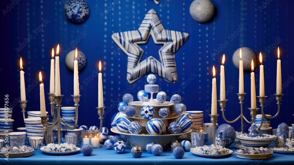 Wall mural hanukkah festive celebration concept, glow of the menorah with shining candles and star