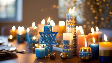 Hanukkah festive celebration concept, glow of the menorah with shining candles and star - obrazy, fototapety, plakaty
