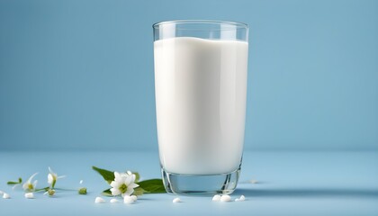 glass of milk with white flowers isolated on blue background.