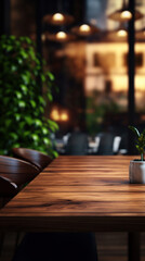 Empty dark wood table in the cafe with a blurred background