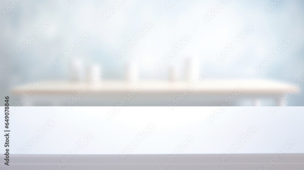 Poster empty white table blurred on soft light gently bokeh background