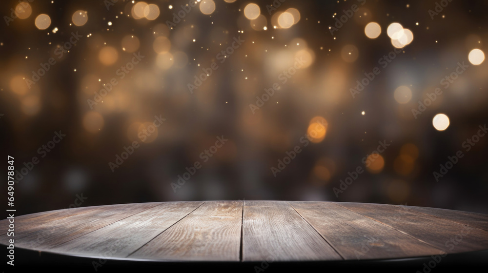 Poster empty black table on blurred gently bokeh background