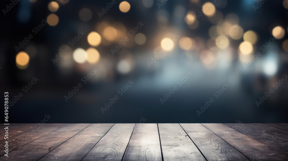 Poster empty black table on blurred gently bokeh background