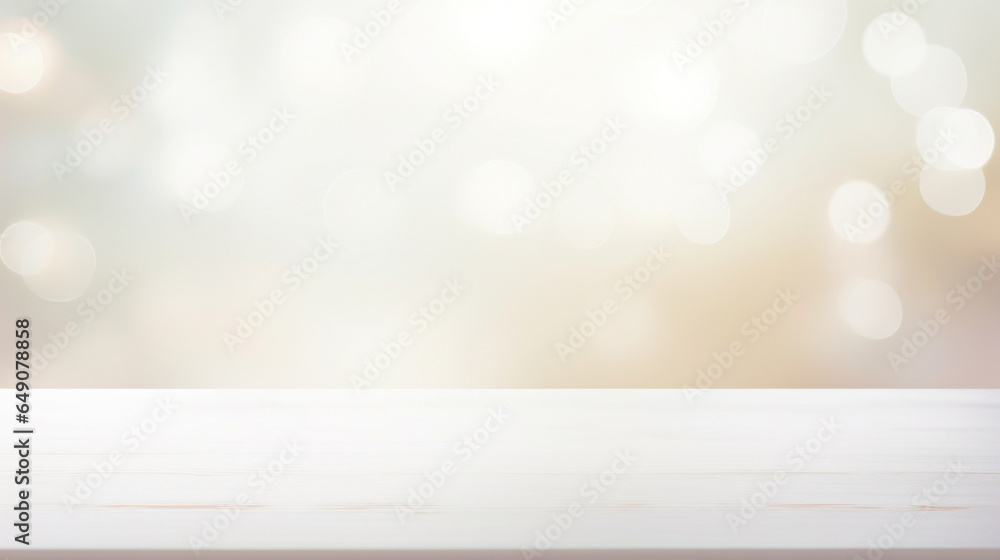Poster empty white table blurred on soft light gently bokeh background
