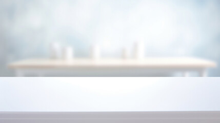 Empty white table blurred on soft light gently bokeh background