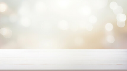 Empty white table blurred on soft light gently bokeh background