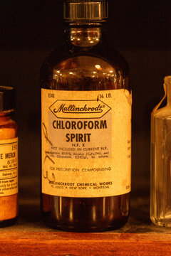 knoxville, tenn 8-22-23. antique bottle of medicine specifically chloroform with selective focus 