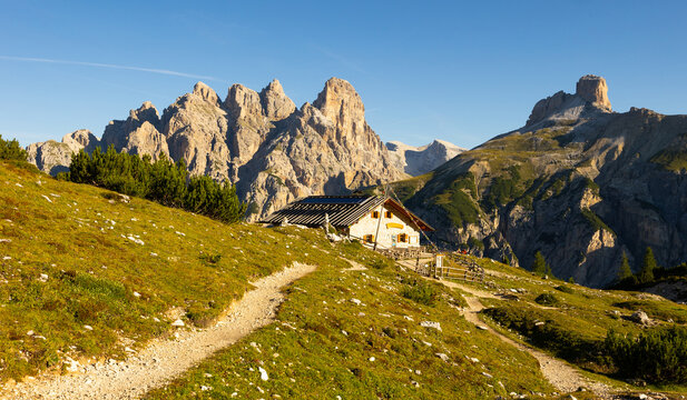 Trekking trail in the Italian Dolomiti, Malga Langalm, Italy