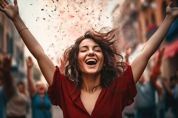 Portrait of overjoyed attractive woman standing with excited expression, raising fists, screaming, shouting yeah, celebrating her victory, success - obrazy, fototapety, plakaty