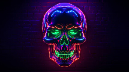 Halloween skulls with neon lights. Halloween skull-shaped posters with bright and intense colors. Modern Halloween skulls with bricks background.