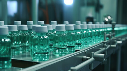 Bottles with juice or medicine on the packing line of the plant