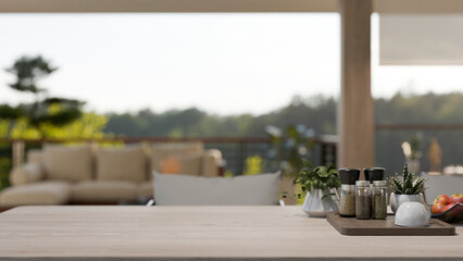 Copy space on a wooden tabletop in a modern and comfortable living room.