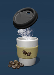 Coffee Cup 3D Rendering with Lid Cup and Smoke in Navy Blue Background for Cafe Menu, Drink, and etc.