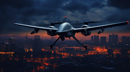 Combat drone weapon. military technology. Unmanned drone above city