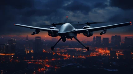 Foto op Plexiglas Combat drone weapon. military technology. Unmanned drone above city © PaulShlykov
