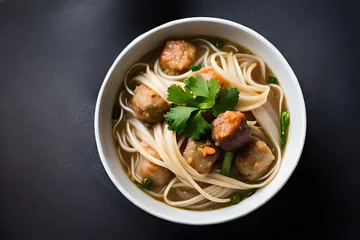 Foto op Canvas A bowl of mie bakso, a popular indonesian meatball soup served with noodles. Top view. Generative AI © 39 Rako
