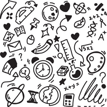 Back to school doodle seamless pattern. Hand drawn background with school supplies and creative elements. Vector illustration
