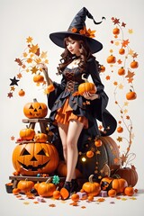 Jeune femme d&eacute;guis&eacute;e en jolie sorci&egrave;re pour Halloween avec des d&eacute;corations et friandises