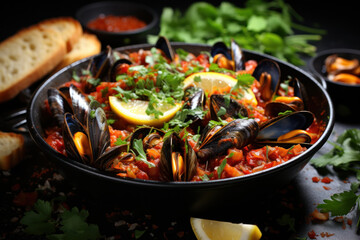 Mussels with herbs in a bowl with lemon and French fries on a wooden board. Seafood.