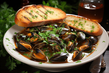 Mussels with herbs in a bowl with lemon and French fries on a wooden board. Seafood.