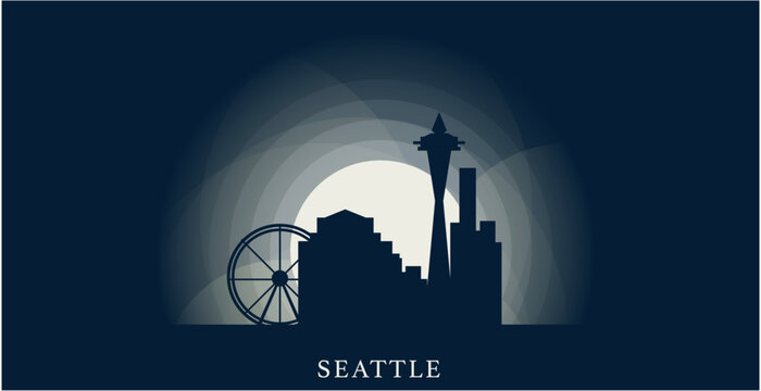 USA United States Seattle cityscape skyline city panorama vector flat modern banner illustration. US Washington King county emblem idea with landmarks and building silhouette at sunrise sunset night