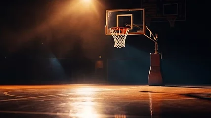 Foto op Aluminium Basketball hoop and ball in the basketball court background. © Virtual Art Studio