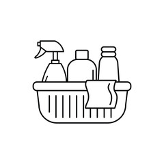 Basket for cleaning with detergents vector icon. Laundry wash and cleaning detergent bottle, bleach and folded clothes icon on white background..eps