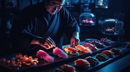 Japanese chef cooking and making Sashimi and Sushi in the kitchen in dramatic dark background.