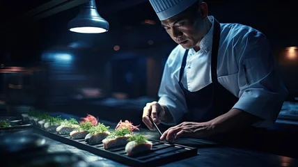 Cercles muraux Bar à sushi Japanese chef cooking and making Sashimi and Sushi in the kitchen in dramatic dark background.