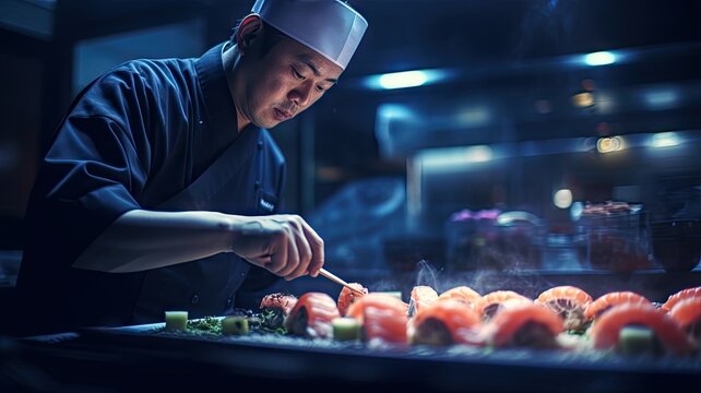 Japanese chef cooking and making Sashimi and Sushi in the kitchen in dramatic dark background.