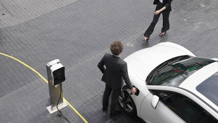 Progressive businessman and businesswoman leaning on electric car connected to charging station...