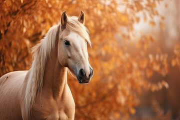 Portrait of a horse on background of autumn foliage