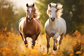 Obraz na płótnie Canvas Two horses running in the field