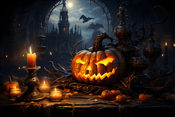 Happy Halloween Background (wallpaper, banner, backdrop). Spooky scenery in a haunted forest graveyard with pumpkin heads, bats, scary trees and typical Halloween elements.
