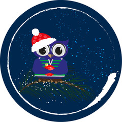 An elegant owl in a New Year's hat holds a red Christmas tree toy.