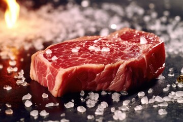 Japanese beef on display, close-up of dry-aged and grilled Wagyu beef steak on a rustic wooden cutting board.