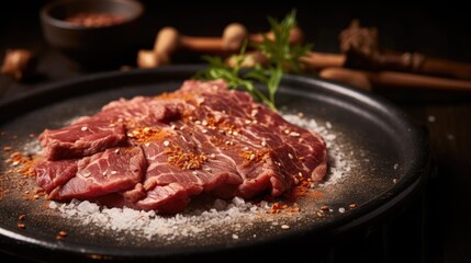 Japanese beef on display, close-up of dry-aged and grilled Wagyu beef steak on a rustic wooden cutting board.