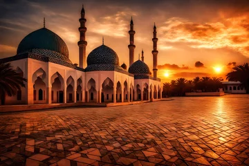 Schilderijen op glas mosque at sunset © AI artistic beauty