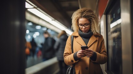 Portrait of a beautiful woman typing message on mobile phone in subway train. - obrazy, fototapety, plakaty