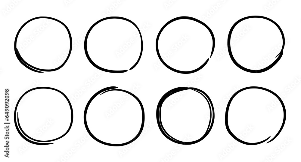 Poster Hand drawn round frame vector set. Hand drawn sketch pencil scribble style line round frame. Doodle line circle, ring shape element. Vector illustration.