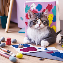 Cute artist Cat Painting on Canvas abstract painting with paintbrush and creativity | Colorful pet artist Drawing edge. Generative AI