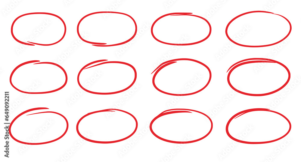 Leinwandbilder hand drawn red oval set. hand drawn doodle marker, pen stroke line highlight oval frame. scribble ro