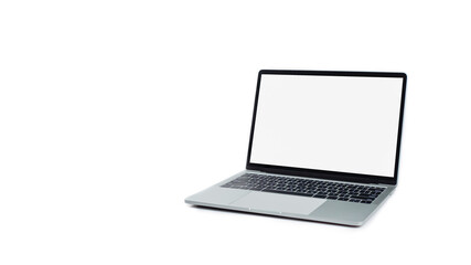 Silver laptop with blank white screen. Concepts for advertising and graphic assembly work