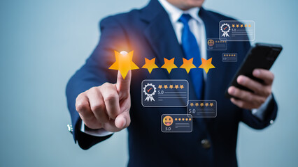 Businessman using the phone to check customer service. Customer satisfaction survey concept, service experience evaluation, customer evaluation product service quality, satisfaction feedback review
