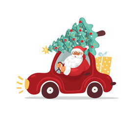 Funny Santa Claus is carrying gifts and a Christmas tree in a red car, Christmas delivery character. Flat vector cartoon New Year decor element.