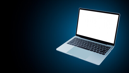 Silver laptop with blank white screen. Concepts for advertising and graphic assembly work