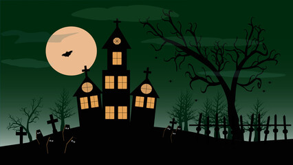 spooky halloween background with castle ghost pumpkins and bat